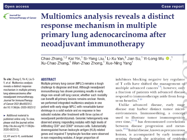 烈冰助力||多組學分析揭示了多原發(fā)肺腺癌新輔助免疫治療后的反應機制